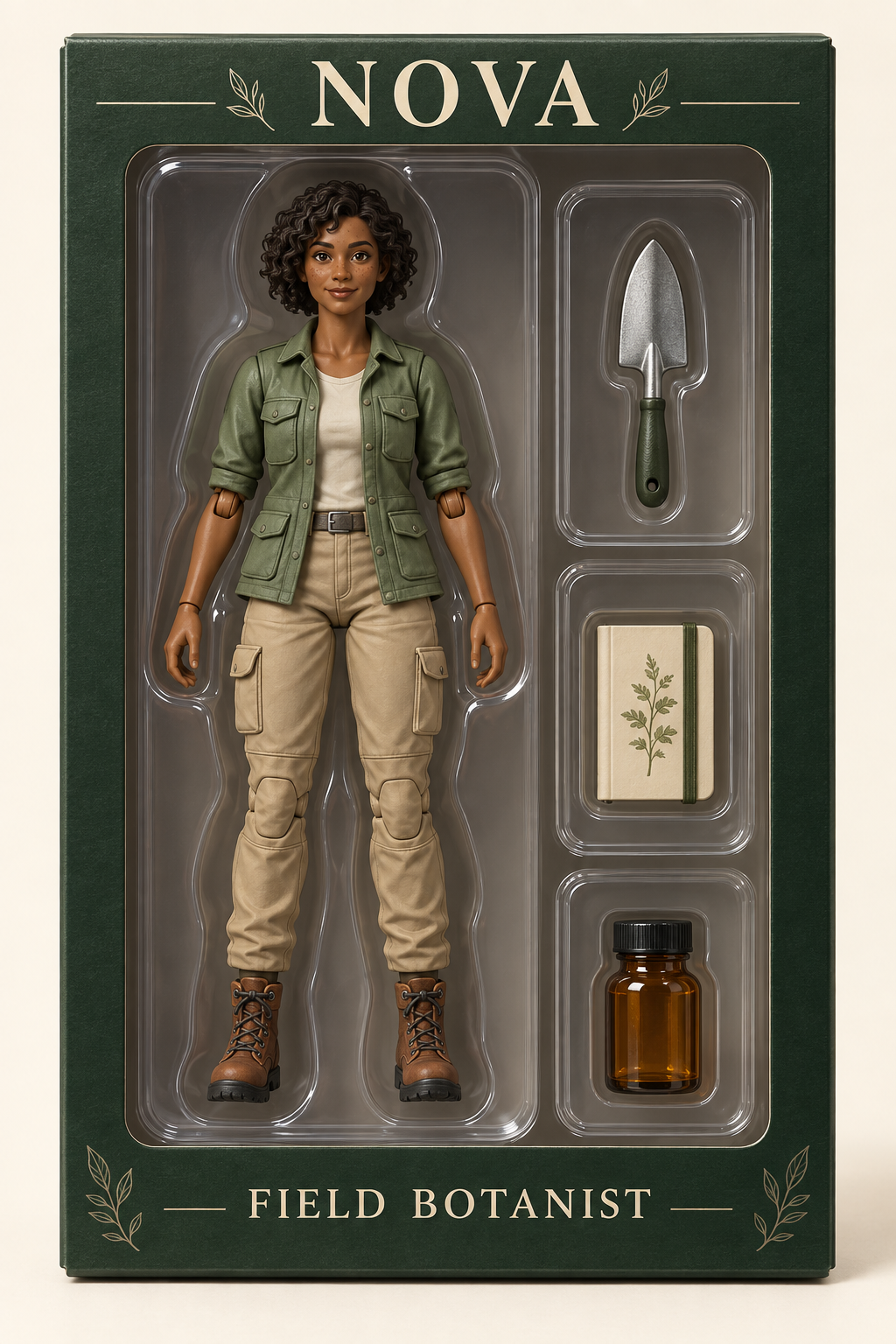Codex-generated NOVA target concept with one complete figure on the left and a silver trowel, closed beige notebook, and capped amber specimen jar in three separate right-hand slots from top to bottom.